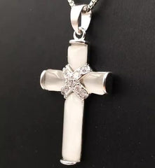 White Cat's Eye Stone with Crystal Cross Pendant Necklace