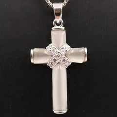 White Cat's Eye Stone with Crystal Cross Pendant Necklace