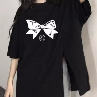 Ribbon Print Baggy Style Split T-shirt