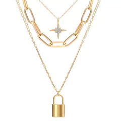 Triple-chain Lock Pendant Star Necklace