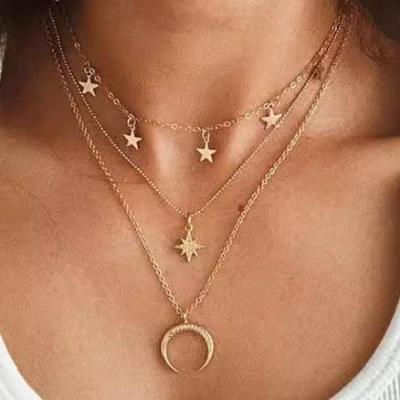 Triple-chain Stars & Moon Necklace