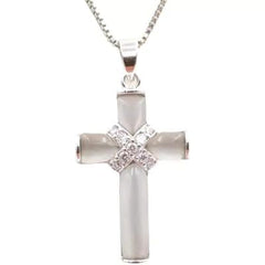 White Cat's Eye Stone with Crystal Cross Pendant Necklace